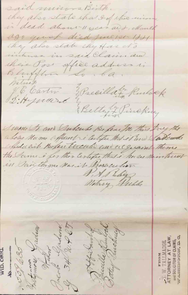 Statements of Priscilla Kinlock and Betty Pinckney in Pension File of Fortymore Gadson, Widow of Jacob Gadson, Company G, 34th USCT, Application #559635