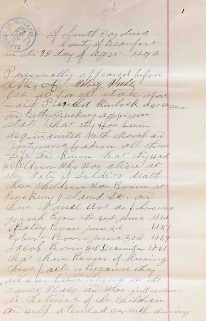 Statements of Priscilla Kinlock and Betty Pinckney in Pension File of Fortymore Gadson, Widow of Jacob Gadson, Company G, 34th USCT, Application #559635