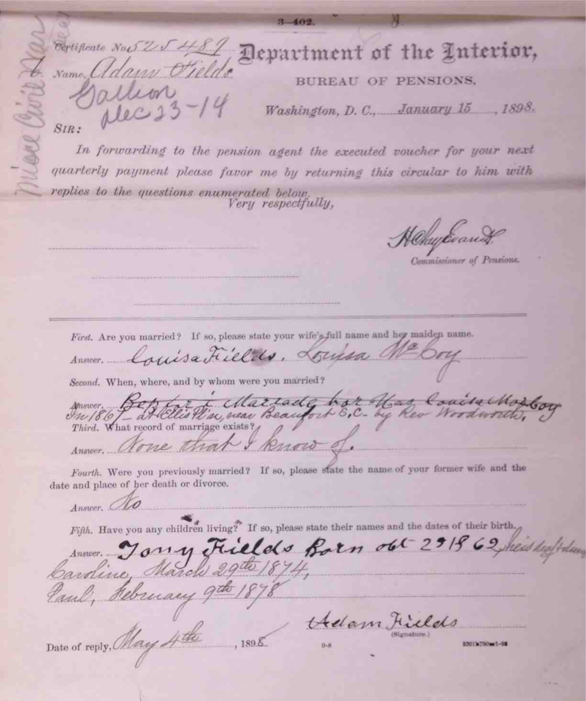 Pension File of Adam Fields, Company F, 33rd USCT, Certificate number 525489.