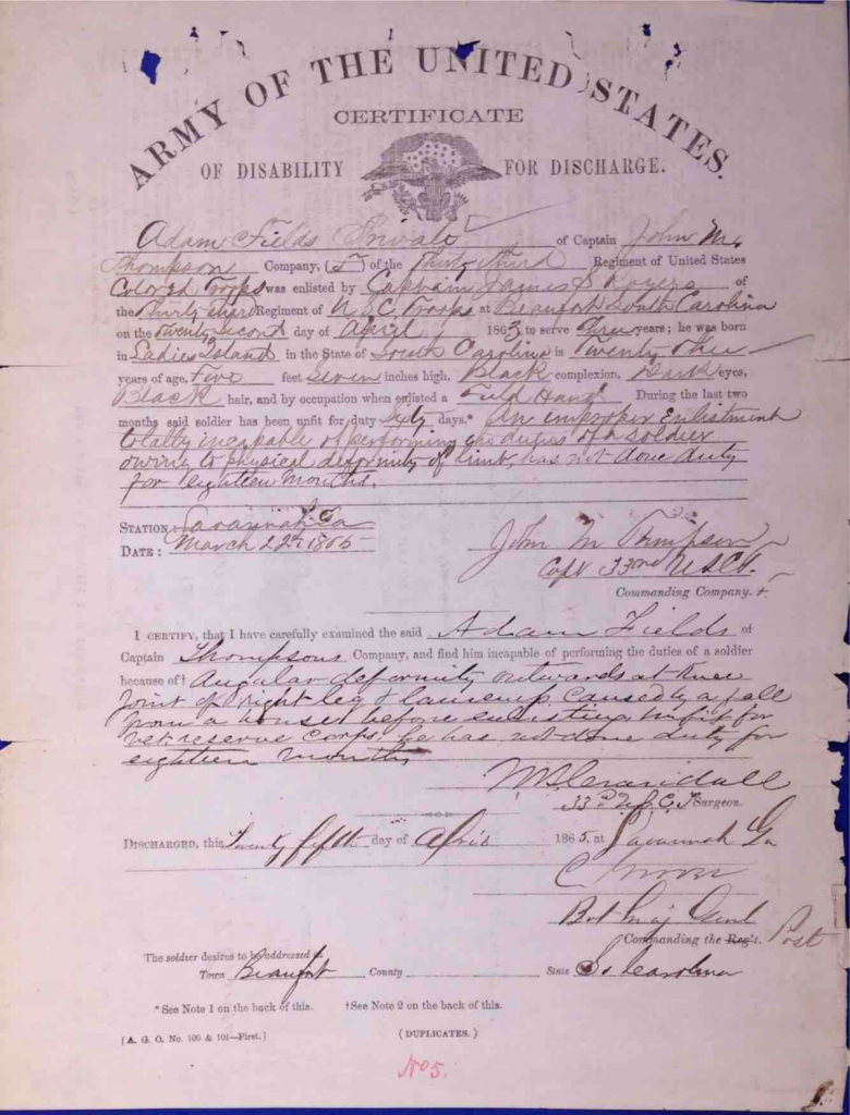 Pension File of Adam Fields, Company F, 33rd USCT, Certificate number 525489.