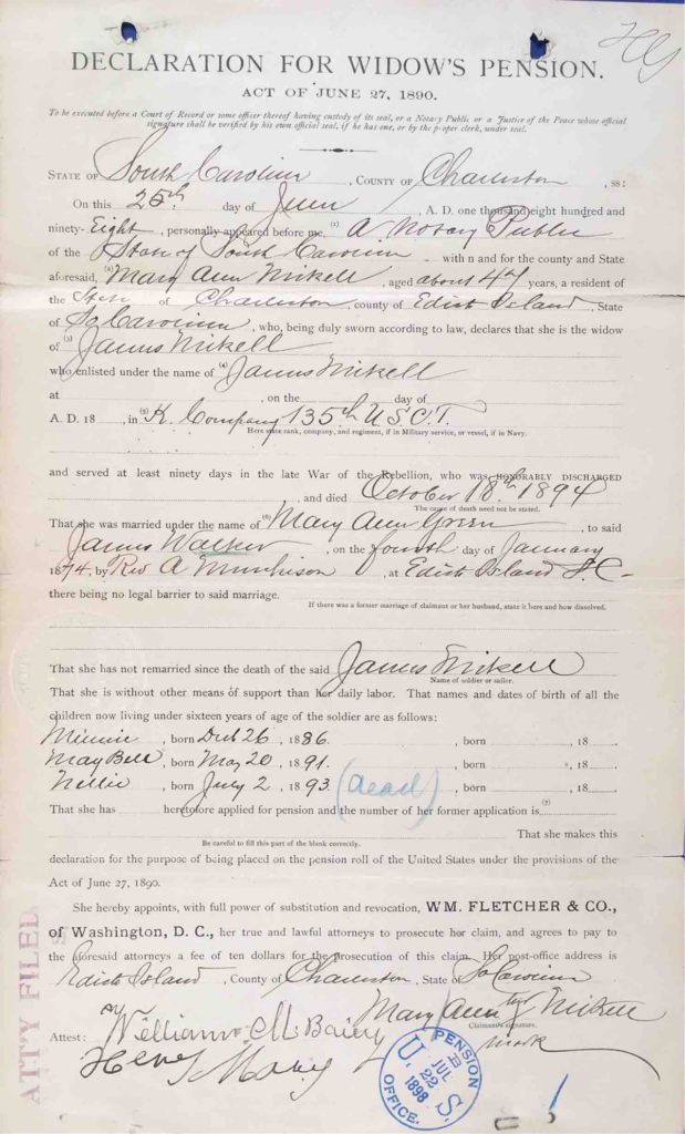 Testimony of Mary Ann Walker, USCT Pension File of James Walker aka James Mikell, Certificate #533.834.