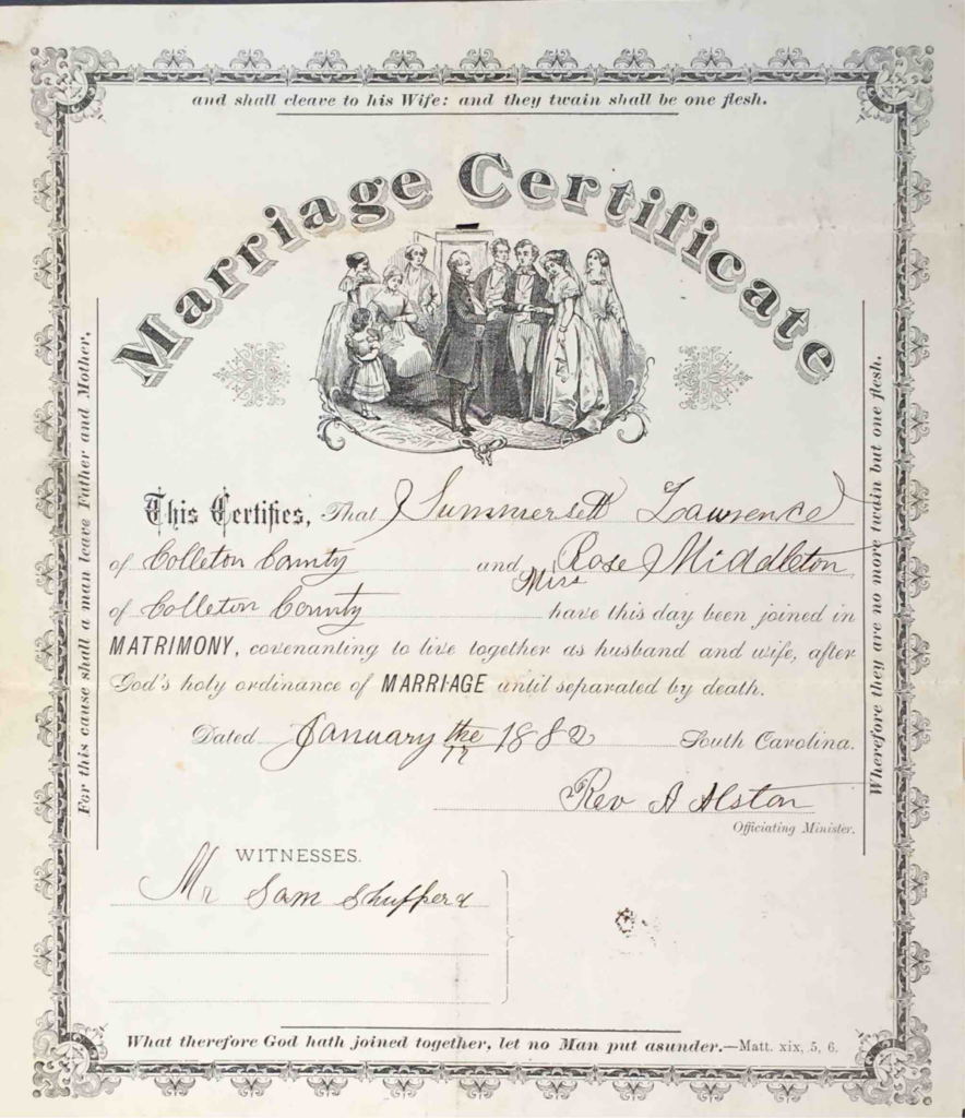 Marriage Certificate Rose Middleton and Summerset Lawrence, Pension File of Adam Middleton, Company G, 34th USCT, Certificate #411897.
