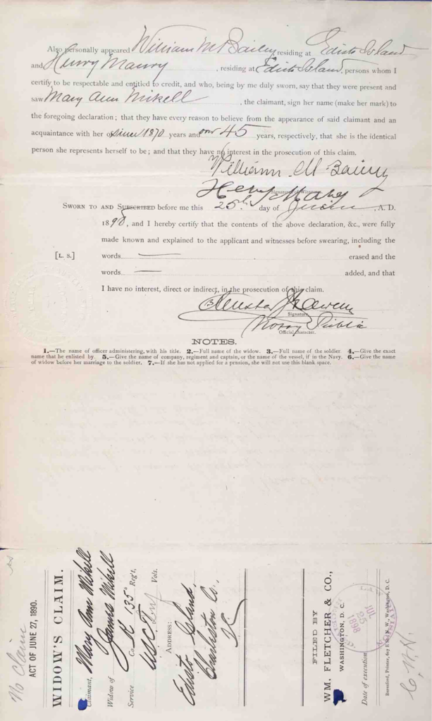 Testimony of Mary Ann Walker, USCT Pension File of James Walker aka James Mikell, Certificate #533.834.