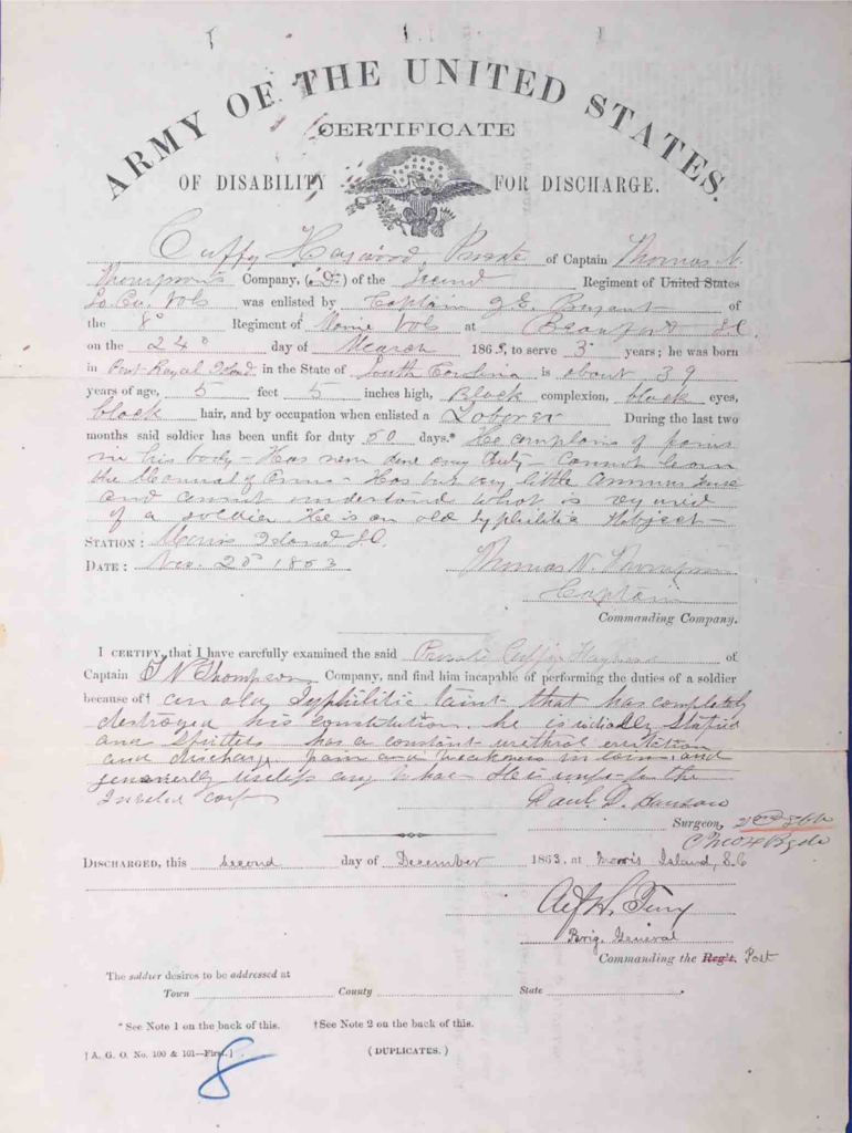 Discharge Certificate for Cuffy Haywood, Pension File of Cuffy Haywood, Certificate #465512