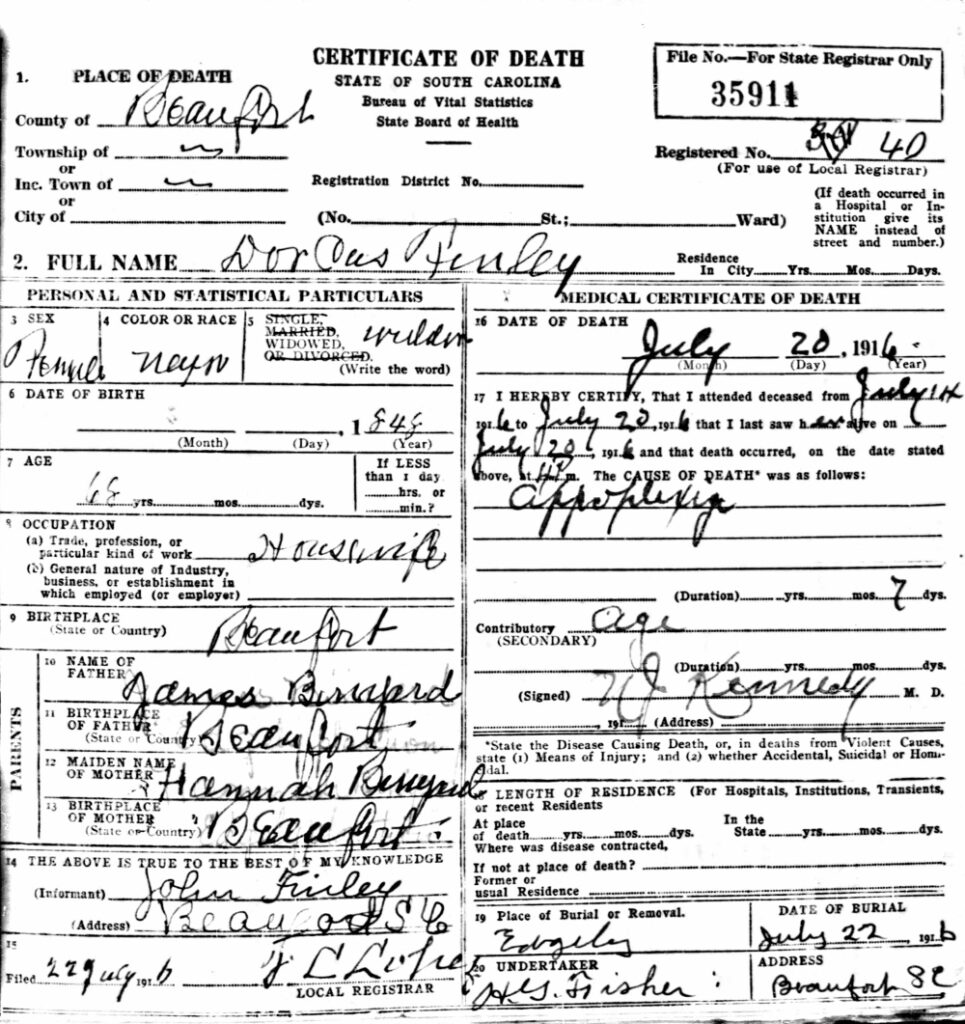 Dorcas Finley Death Certificate