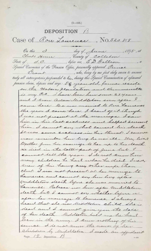 Testimony of Prince Grant, Pension File of Adam Middleton, Company G, 34th USCT, Certificate #411897.