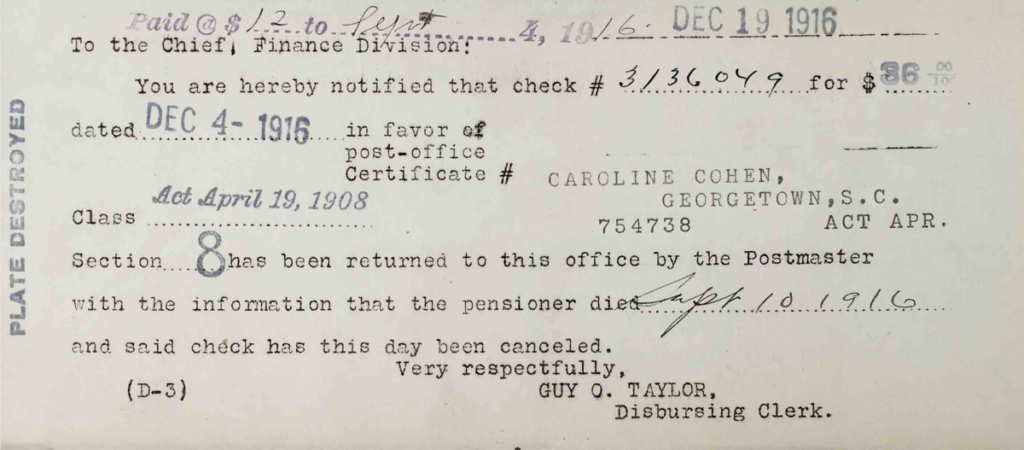 Disbursing Clerk Memo, USCT Pension File of Benjamin Cohen