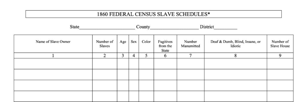 1860 Slave Schedule Column Headers