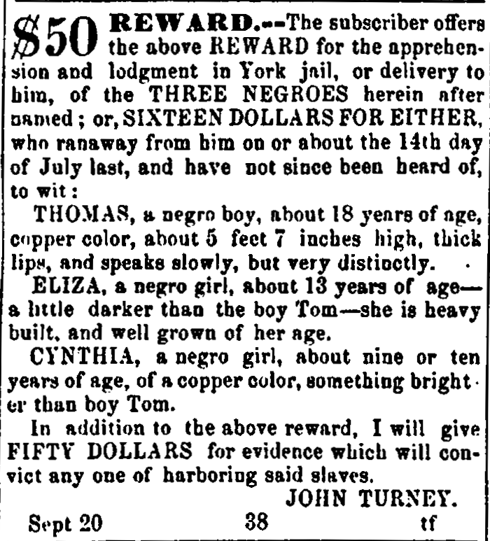 Runaway Slave Ad, John Turney, York District, SC