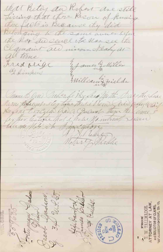 Statements of James Miller and William Fields in Pension File of Fortymore Gadson, Widow of Jacob Gadson, Company G, 34th USCT, Application #559635