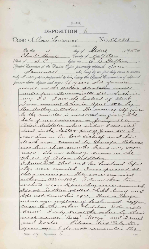 Testimony of Sam Lawrence, Pension File of Adam Middleton, Company G, 34th USCT, Certificate #411897.