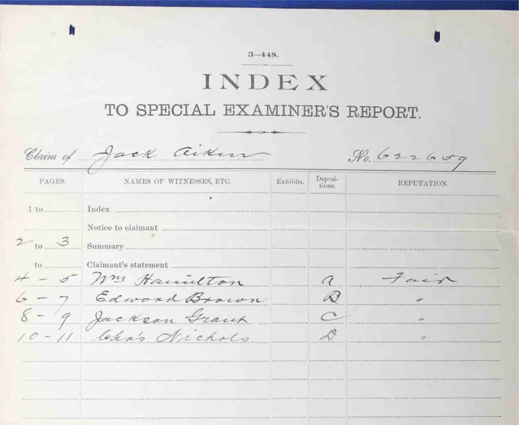 Index to Special Examiner's Report, Pension Certificate #622659, Pension Application #1027422, Jack Aiken, G 34th USCT, Page 233