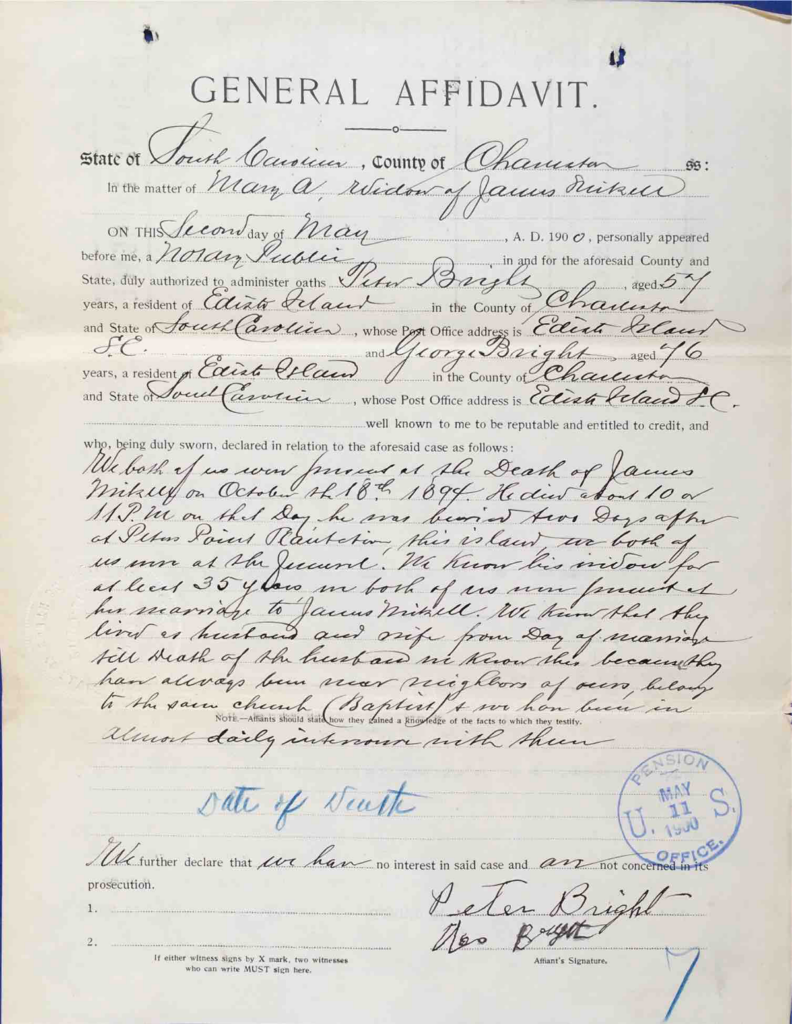 Testimony of Rev. Peter Bright and George Bright, USCT Pension File of James Walker aka James Mikell, Certificate #533.834.