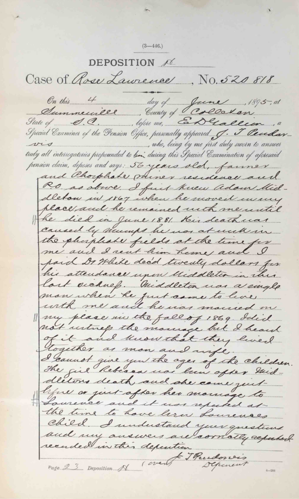Testimony of J.T. Pendarvis, Pension File of Adam Middleton, Company G, 34th USCT, Certificate #411897.