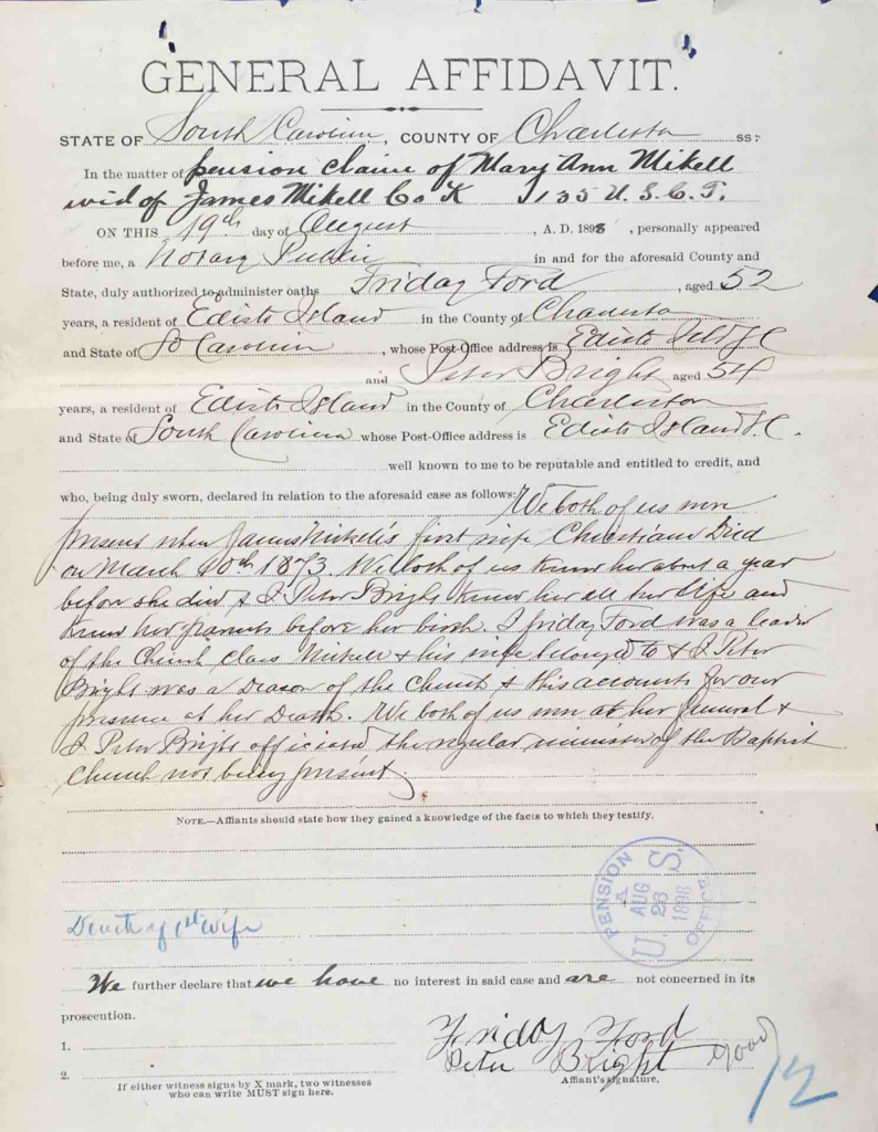 Testimony of Friday Ford and Rev. Peter Bright, USCT Pension File of James Walker aka James Mikell, Certificate #533.834.