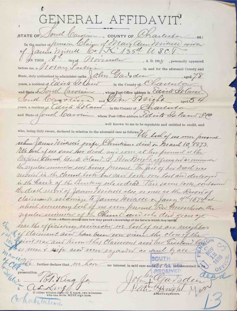 Testimony of John Gadsden and Rev. Peter Bright, USCT Pension File of James Walker aka James Mikell, Certificate #533.834.