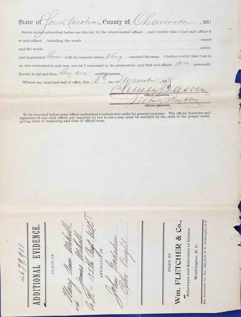 Testimony of John Gadsden and Rev. Peter Bright, USCT Pension File of James Walker aka James Mikell, Certificate #533.834.