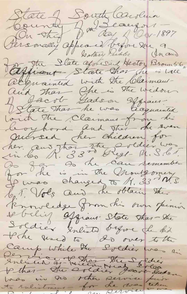 Statement of Hector Brown in Pension File of Fortymore Gadson, Widow of Jacob Gadson, Company G, 34th USCT, Application #559635