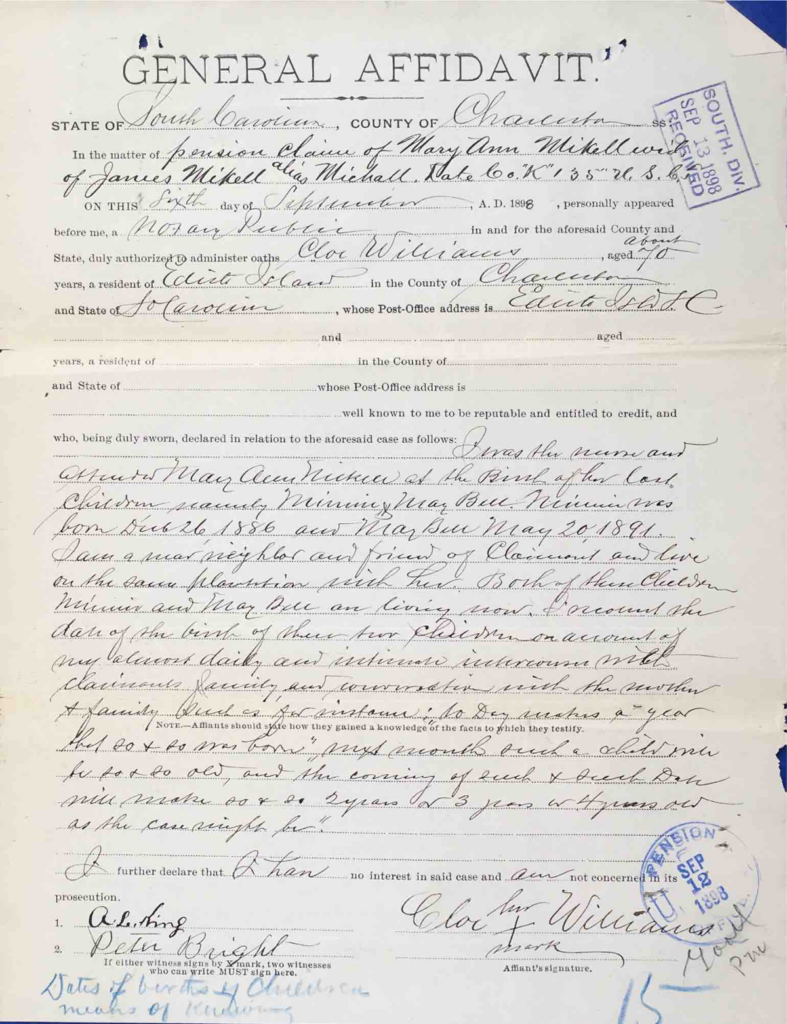 Testimony of Cloe Williams, USCT Pension File of James Walker aka James Mikell, Certificate #533.834.