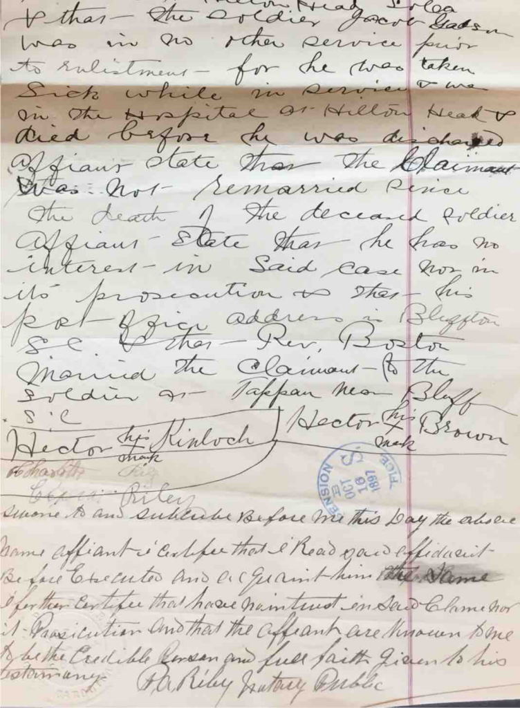 Statement of Hector Brown in Pension File of Fortymore Gadson, Widow of Jacob Gadson, Company G, 34th USCT, Application #559635