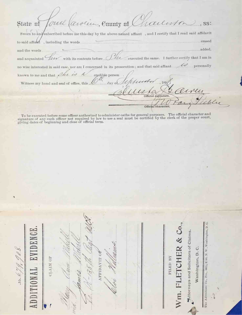 Testimony of Cloe Williams, USCT Pension File of James Walker aka James Mikell, Certificate #533.834.
