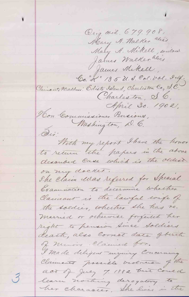 Report of Special Examiner Wayne W. Cordell, USCT Pension File of James Walker aka James Mikell, Certificate #533.834.