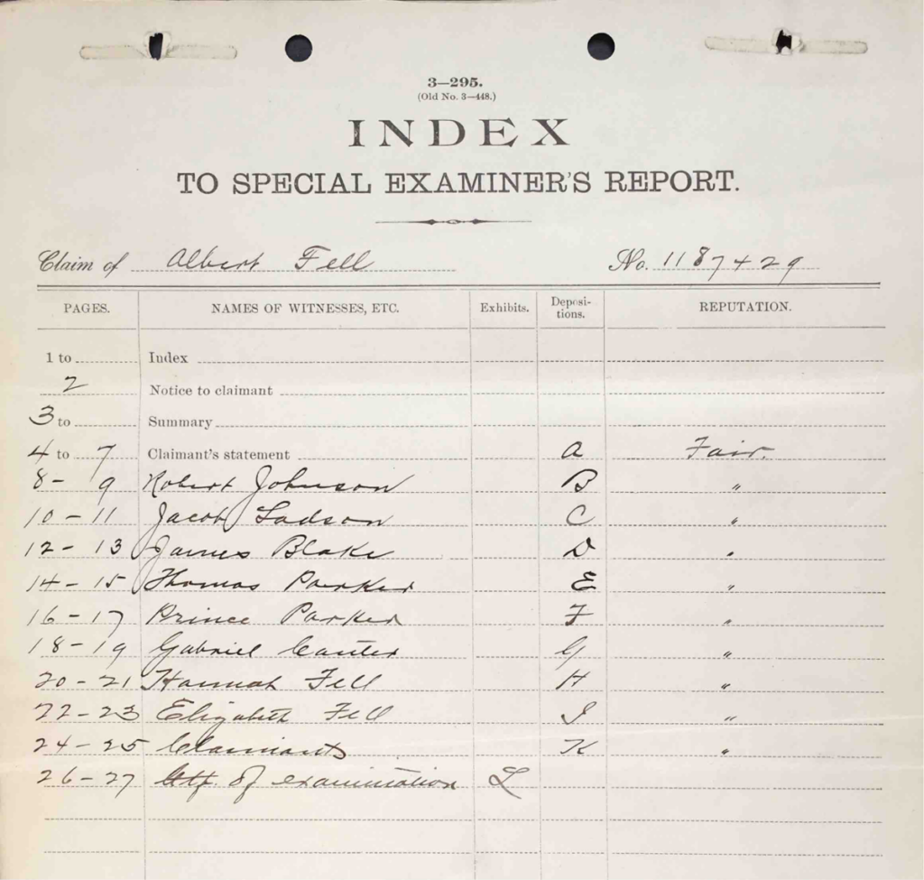 Special Examiner's Index Sheet,Pension File of Albert Fell, certificate #1,108,882.