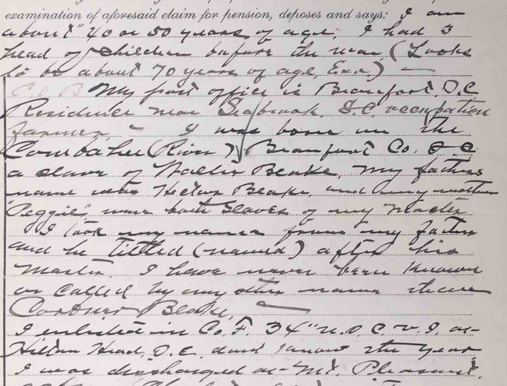 Detail from Statement of Corbner Blake, Civil War Pension File of Corbner Blake, Co. F, 34th USCT, Certificate #608908