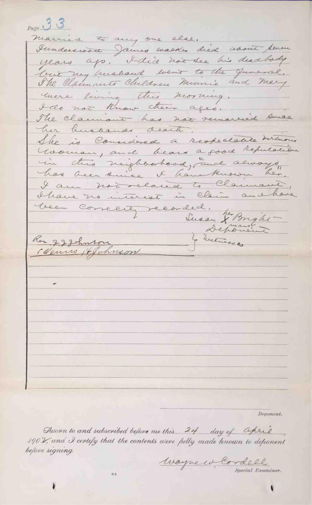 Testimony of Susan Bright, USCT Pension File of James Walker aka James Mikell, Certificate #533.834.