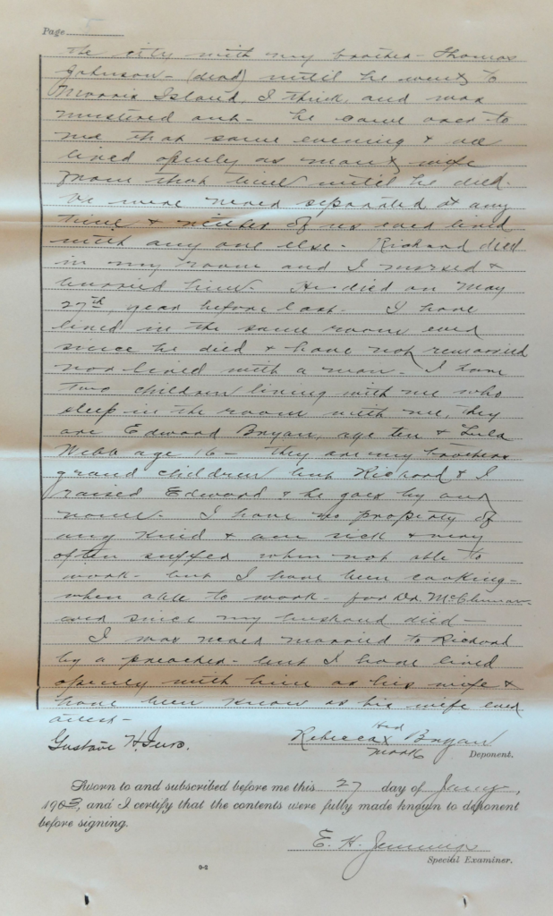 Testimony of Rebecca Bryan, Widow of Richard Bryan, USCT Pension File. National Archives and Records Administration, USCT Pension File of Richard Bryan, Invalid Pension Application #920400, Pension Certificate #549324