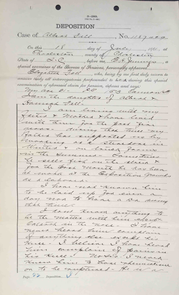 Statement of Elizabeth Fell, Pension File of Albert Fell, certificate #1,108,882.