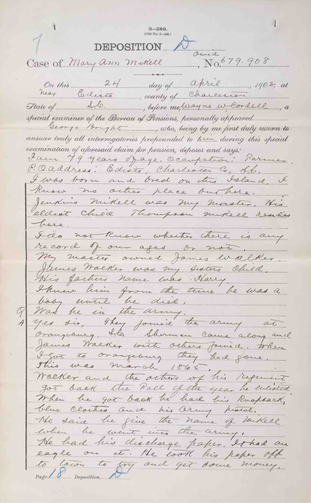 Testimony of George Bright, USCT Pension File of James Walker aka James Mikell, Certificate #533.834.