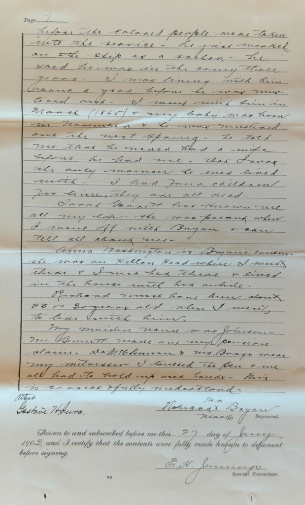 Testimony of Rebecca Bryan, Widow of Richard Bryan, USCT Pension File. National Archives and Records Administration, USCT Pension File of Richard Bryan, Invalid Pension Application #920400, Pension Certificate #549324