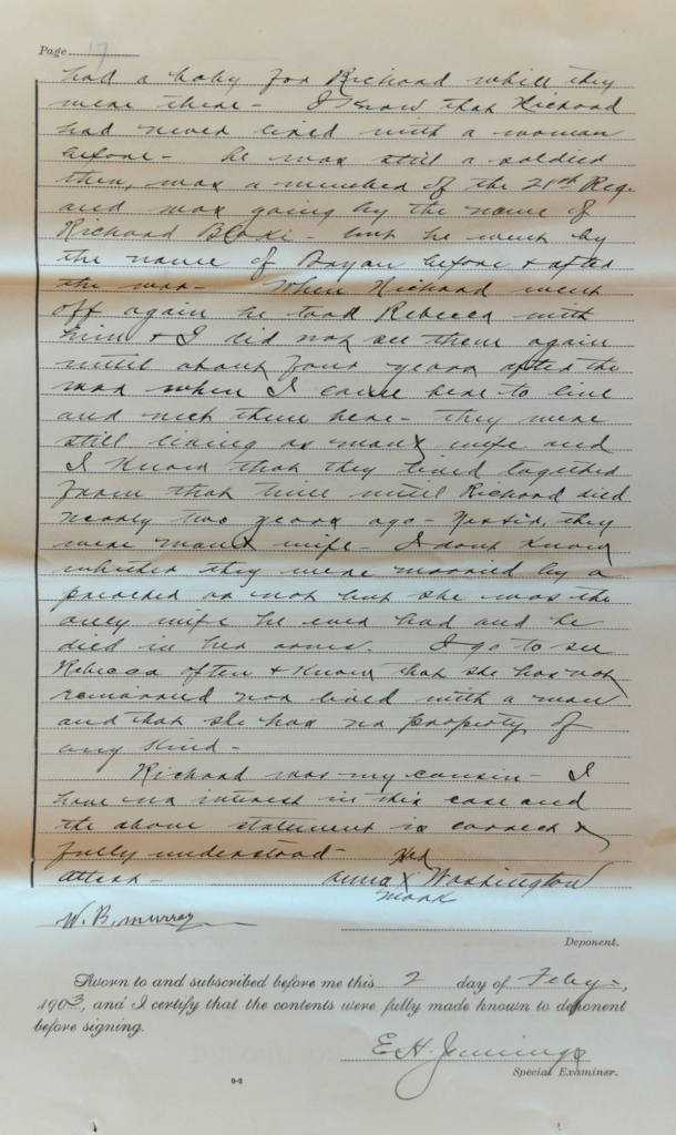 Testimony of Anna Washington in Pension File of Richard Bryan, USCT Pension File. National Archives and Records Administration, USCT Pension File of Richard Bryan, Invalid Pension Application #920400, Pension Certificate #549324