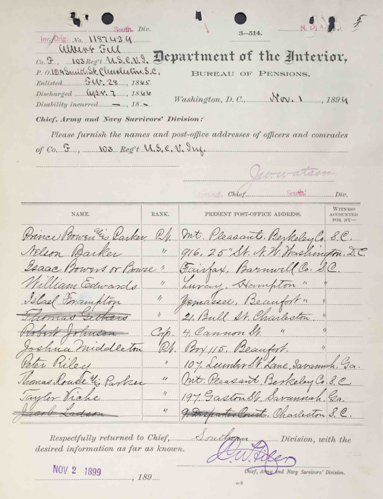 List of Officers and Comrades in Company F, 103rd USCT. Pension File of Albert Fell, certificate #1,108,882.
