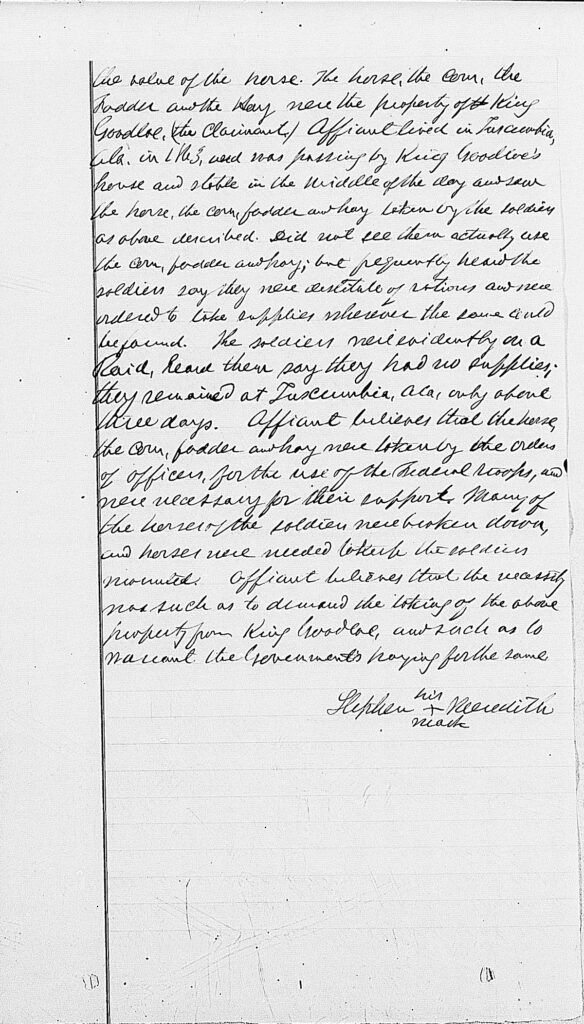 Testimony of Stephen Meredith in Claim of King Goodloe, Alabama, Southern Claims Commission Approved Claims, 1871-1880, database with images, citing Southern Claims Commission Approved Claims, M2062, 1871-1880, Entry for King Goodloe.