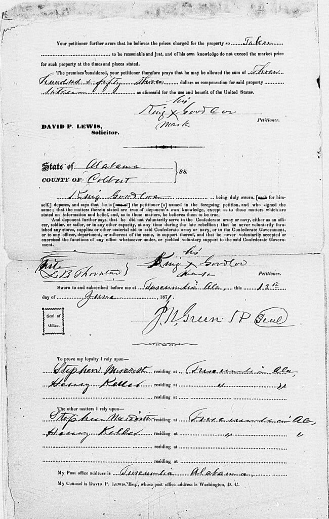 Alabama, Southern Claims Commission Approved Claims, 1871-1880, database with images, citing Southern Claims Commission Approved Claims, M2062, 1871-1880, Entry for King Goodloe.