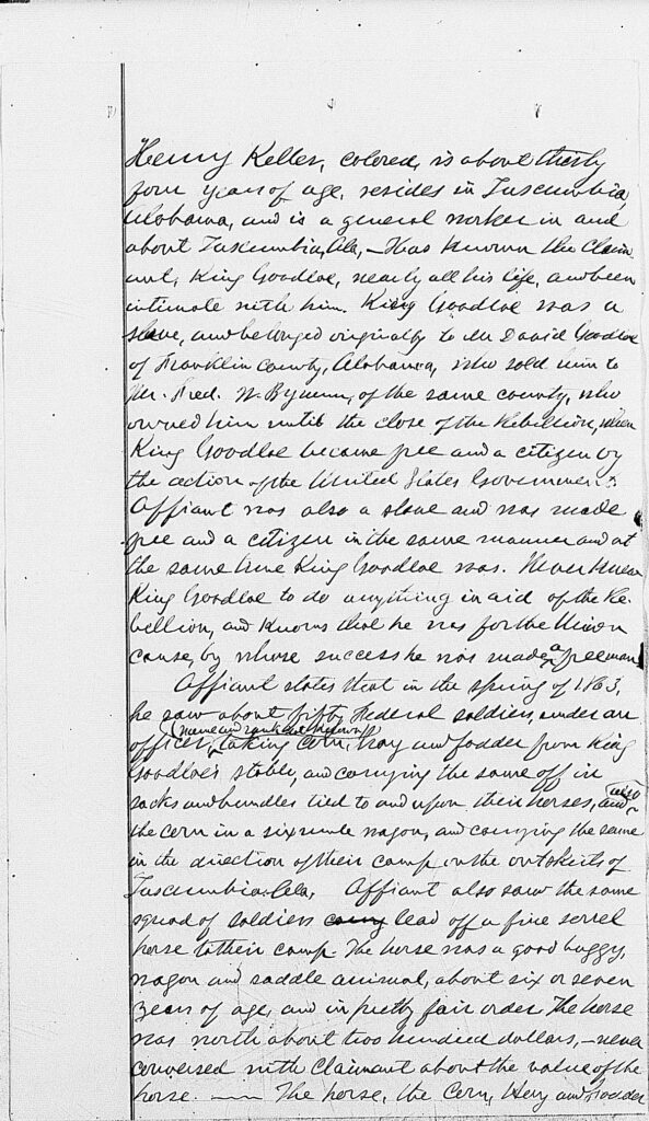 Testimony of Henry Keller in Southern Claims Commission Claim of King Goodloe