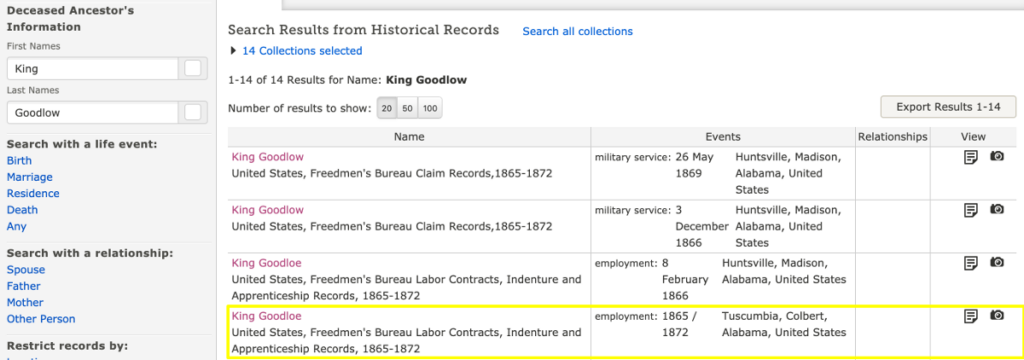Search Results for King Goodlow in Freedmen's Bureau Records