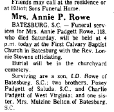 Annie Padgett Rowe Obituary