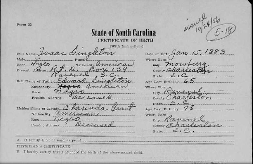 "South Carolina, Delayed Birth Certificates, 1766-1900," database with images, FamilySearch (https://familysearch.org/ark:/61903/3:1:3Q9M-CS9H-C3X2-3?cc=2512859&wc=Q68D-Z73%3A1590132451 : 24 January 2017), no. 4-1092 Alfred Sanders Hill - no. 5-695 Sam Nesbit > image 962 of 2034; South Carolina Department of Archives & History, Columbia.