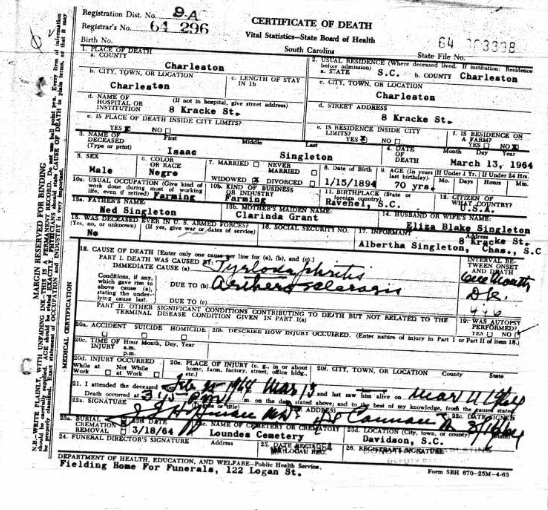 Death Certificate, Isaac Singleton