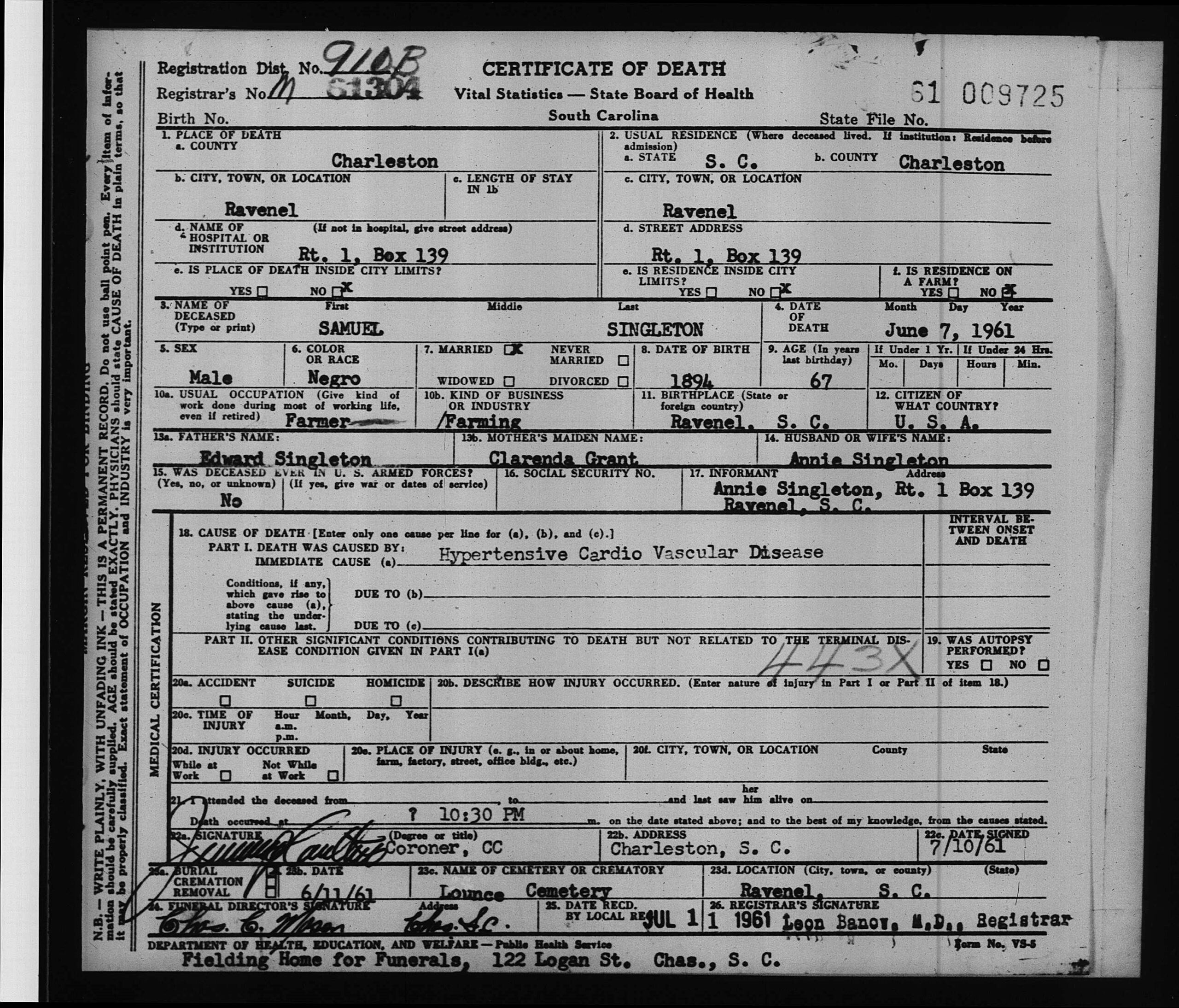 Death Certificate, Samuel Singleton, Ravenel, SC