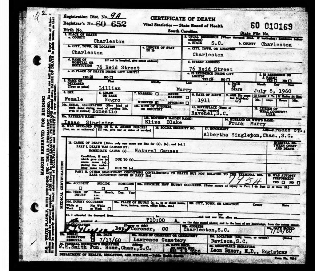 Death Certificate, Lillian Singleton Murry, Ravenel, SC