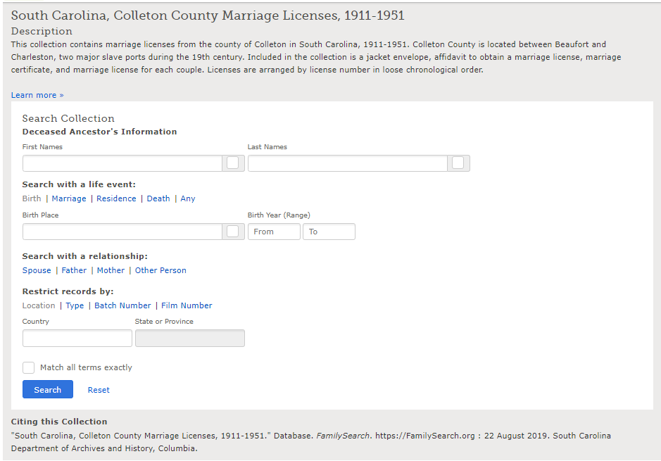 South Carolina. Probate Court (Colleton County). (2001). Colleton County, South Carolina marriage licenses. Salt Lake City, Utah: Filmed by the Genealogical Society of Utah.