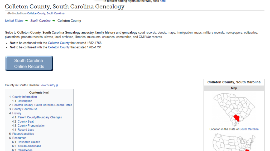 Colleton County, South Carolina, Research Wiki, https://www.familysearch.org/wiki/en/Colleton_County,_South_Carolina_Genealogy