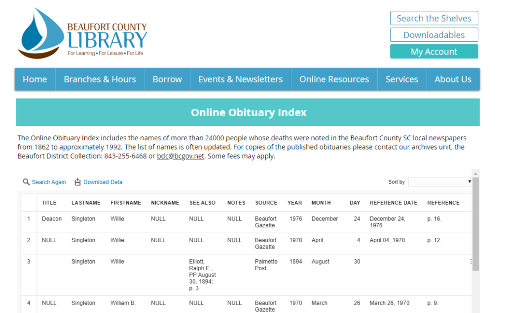 Beaufort County, SC Online Obituary Index: Singleton