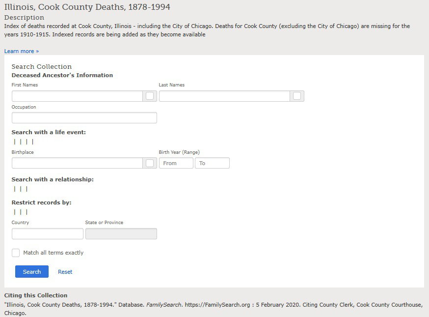 Illinois, Cook County Deaths, 1878-1994 Search Page