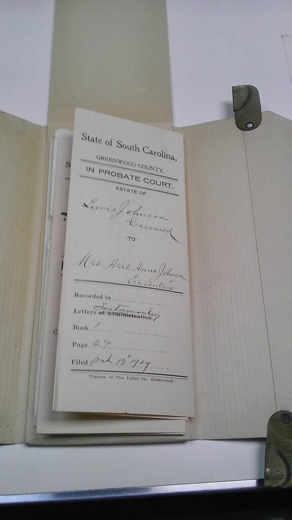 Lewis Johnson will (1909), Greenwood County Estate Packet 64 -6, Probate Records Office, Greenwood, South Carolina