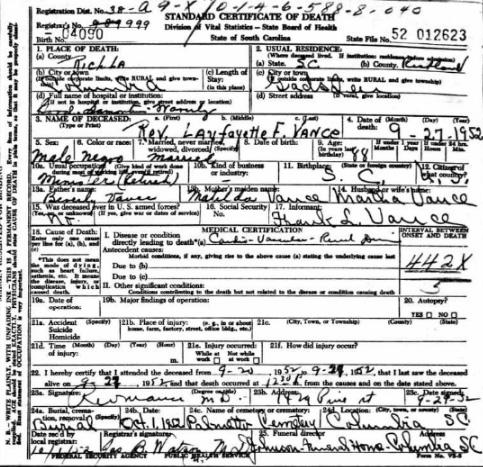 Death Certificate, Rev Lafayette Vance